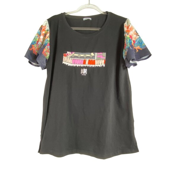 Riani Black T-Shirt Colorful‎ Floral Sleeves & Graphic Detail XL Festive Casual - Picture 3 of 7
